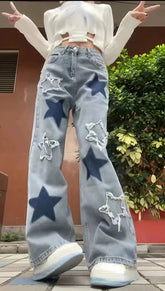 Y2K Baggy Jeanshose mit blauen Sternen
